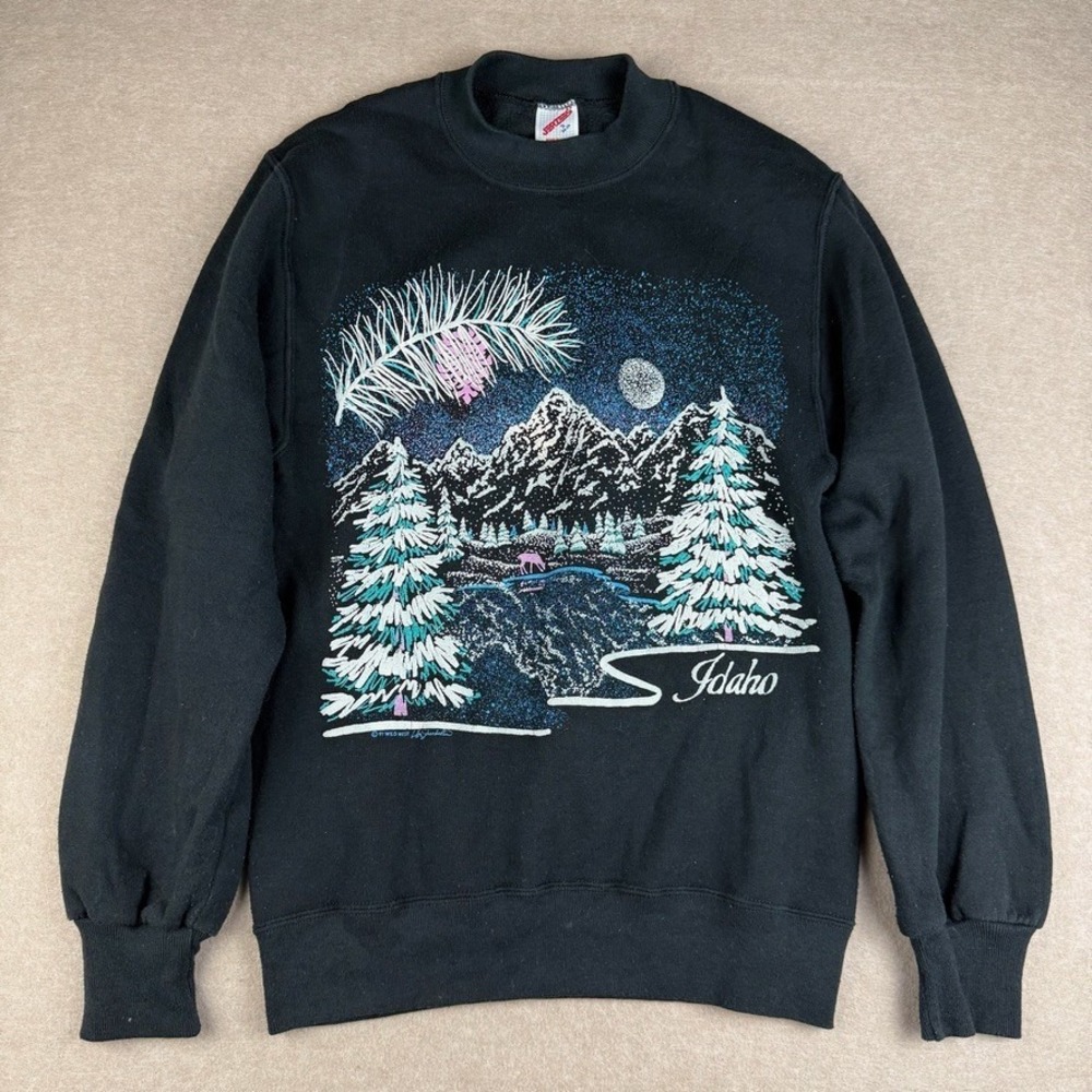 Vintage Jerzees Sweatshirt Mens S Black Idaho Elk Nature Graphic USA Made